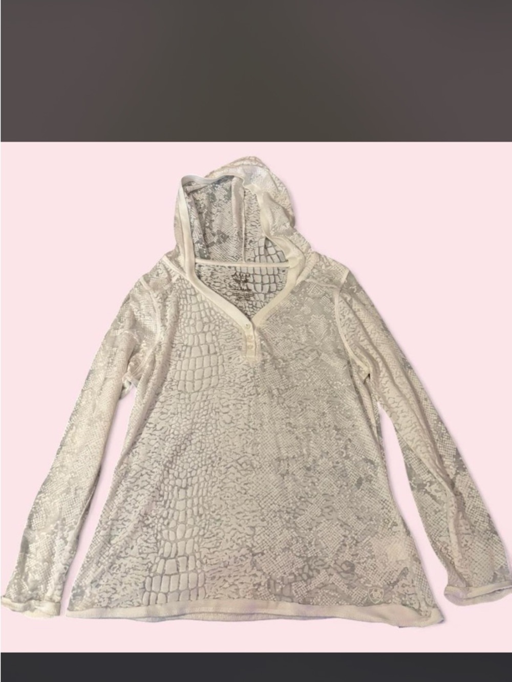 Y2K 2000s Ariat White Lace Sheer Snake Skin Pattern Long Sleeve Top with Hood